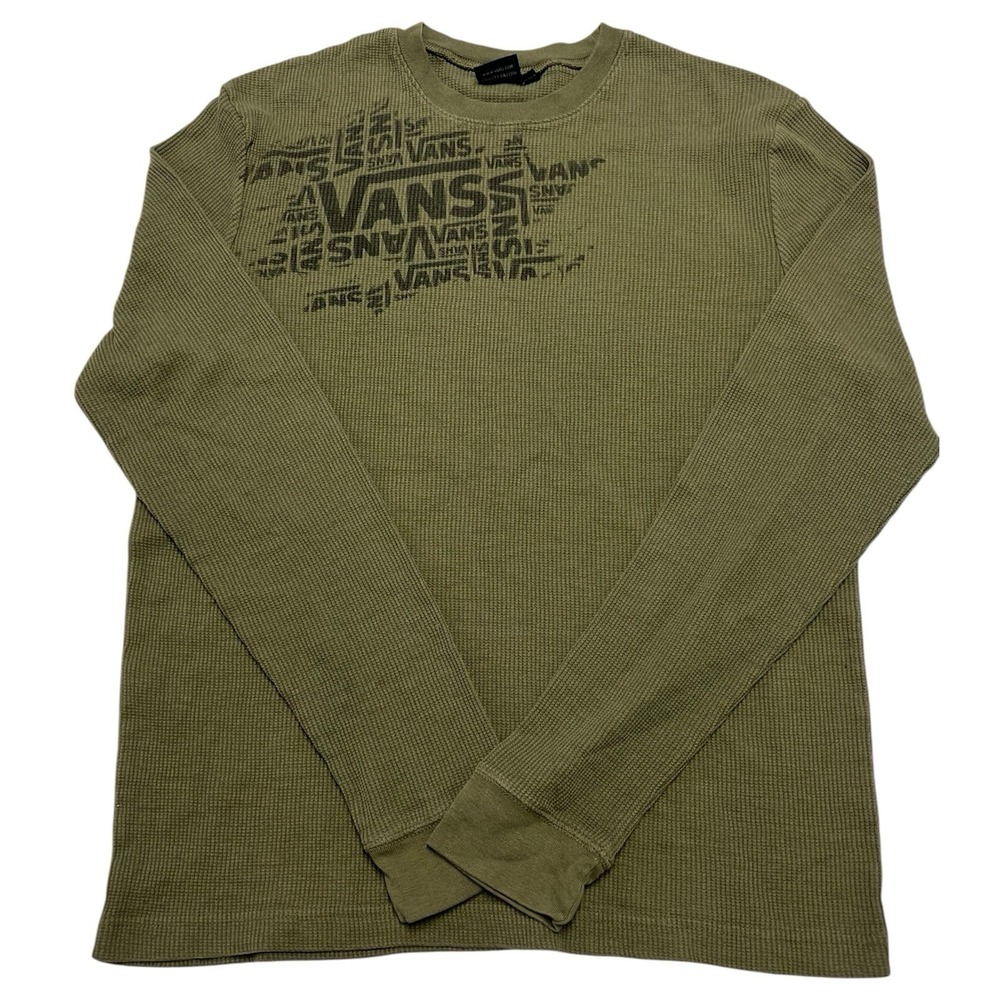 Vans Logo Graphic Men's Medium Olive Green Waffle Knit Thermal Long Sleeve Shirt
